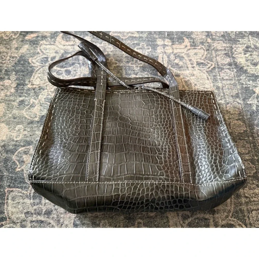 Liz Claiborne Vintage Dark Green Faux Croc Leather Tote Purse Sage Green Lining